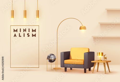 Interior design living room. Realistic wooden square table with gold lamp. Armchair yellow and black fabric. Hanging Golden Lamps. shelf on wall. Minimal composition 3d rendering. Vector illustration.