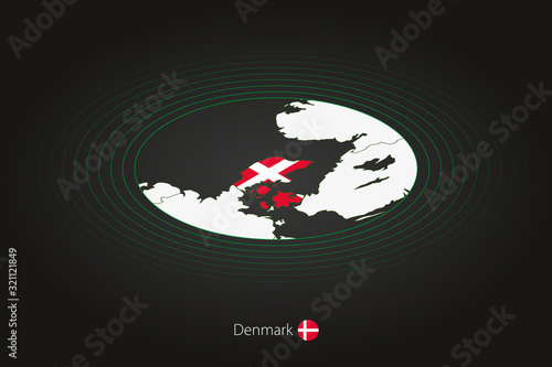 Denmark map in dark color, oval map with neighboring countries.