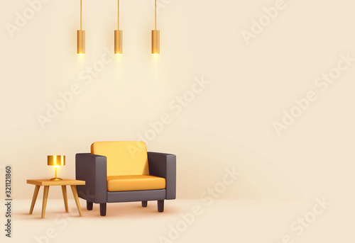 Interior design living room. Realistic wooden square table with gold lamp. Armchair yellow and black fabric. Hanging Golden Lamps. Minimal composition 3d rendering. Vector illustration.