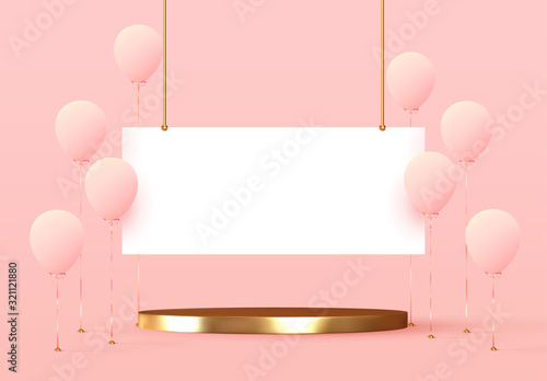 Balloons and presentation platform. Stage podium. Banner template with realistic group of helium balloons in pink color with golden stand. Round gold pedestals isolated mockup. vector illustration