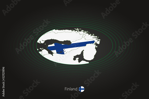 Finland map in dark color, oval map with neighboring countries.