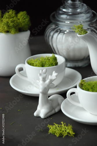 Magical tea party. Kettle and cups with moss.