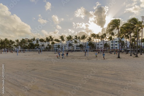 People playing beach volleyball. Healthy life style concept. Miami. USA. 