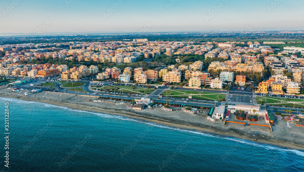 Lido di Ostia famous Italian sandy beach aerial panorama.