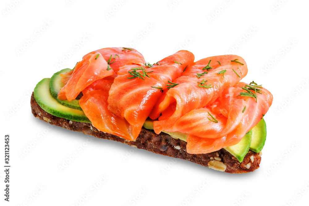 Smoked salmon avocado rye sandwich on a white isolated background Smoked salmon avocado rye sandwich on a white isolated background
