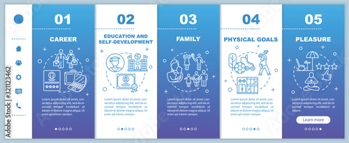 Self-development onboarding vector template. Physical goals. Pleasure and work. Family planning. Responsive mobile website with icons. Webpage walkthrough step screens. RGB color concept