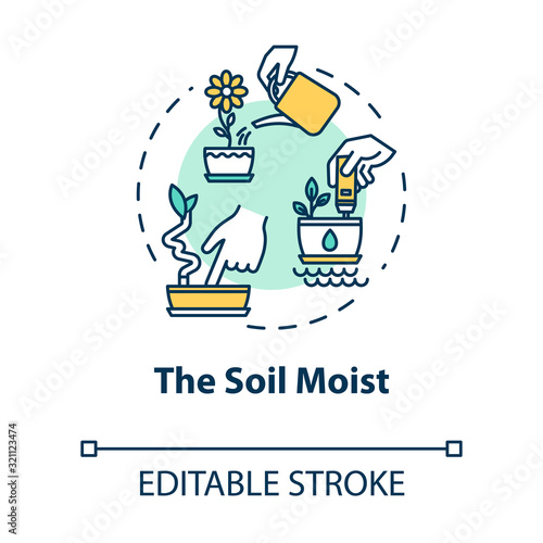 Soil moist concept icon. Indoor potted flowers concern. Ground humidity determination. Houseplants caring idea thin line illustration. Vector isolated outline RGB color drawing. Editable stroke
