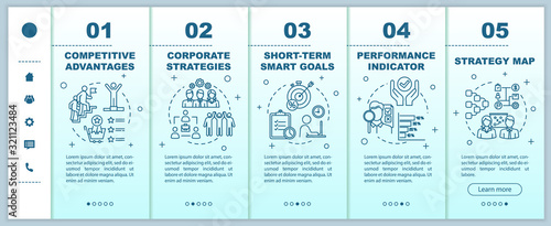 Corporate strategy onboarding vector template. Smart goals. Building business. Competitive advantages. Responsive mobile website with icons. Webpage walkthrough step screens. RGB color concept