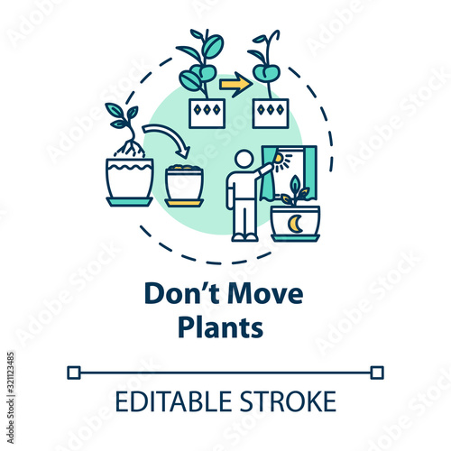 Dont move plants concept icon. Houseplants caring. Floriculture tip. Flowers acclimatization idea thin line illustration. Vector isolated outline RGB color drawing. Editable stroke