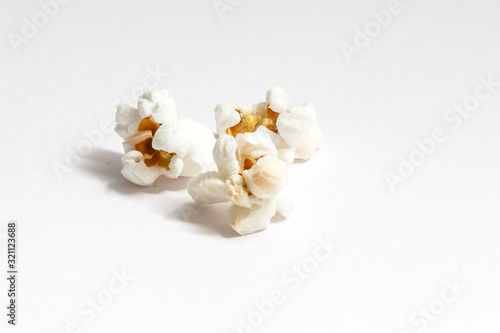 Macro popcorn isolated on white background, with clipping path