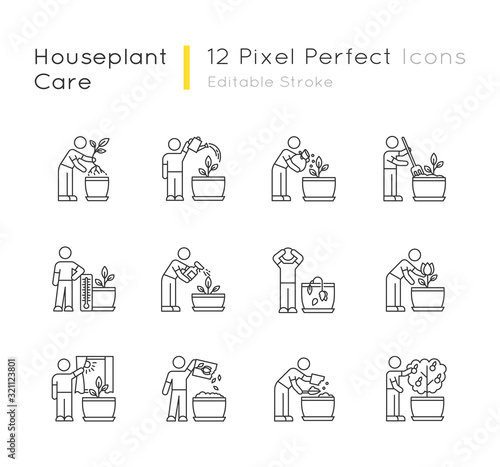 Houseplant care pixel perfect linear icons set. Repotting, fertilizing. Planting flowers. Watering. Customizable thin line contour symbols. Isolated vector outline illustrations. Editable stroke