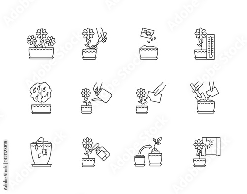 Houseplant care pixel perfect linear icons set. Repotting, spraying plants. Watering, fertilizing. Customizable thin line contour symbols. Isolated vector outline illustrations. Editable stroke