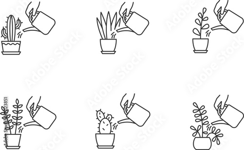 Houseplant care pixel perfect linear icons set. Watering plants. Moisturizing, rehydrating. Moistening. Customizable thin line contour symbols. Isolated vector outline illustrations. Editable stroke