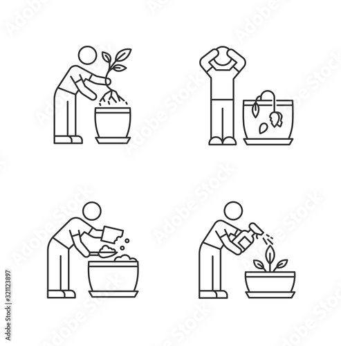 Indoor gardening stages pixel perfect linear icons set. Replanting. Wilting flower. Preparing soil . Customizable thin line contour symbols. Isolated vector outline illustrations. Editable stroke