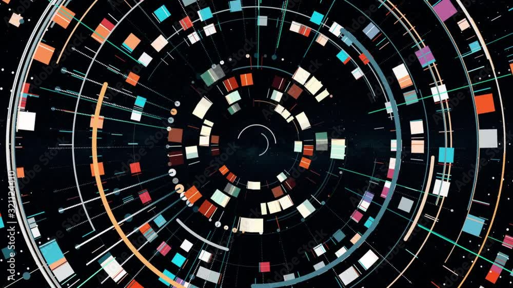 tech background from a lot of shapes lines points with tunnel effect, abstract glow moving seamless 4K animation with Milky way galaxy map on background, abstract motion from geometric colorful forms