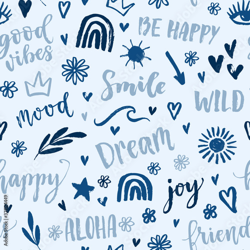 Vector seamless pattern with text, inscription, quote, sticker, lettering, happy, mood, friends, hearts, sun, rainbow,crown, star, arrow, wave words. Teens doodle background