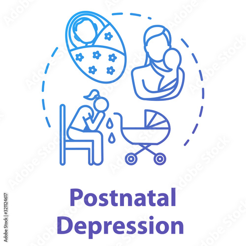 Postnatal depression concept icon. Postpartum depression. PPD. Stressed young mother. Mood disorder idea thin line illustration. Vector isolated outline RGB color drawing