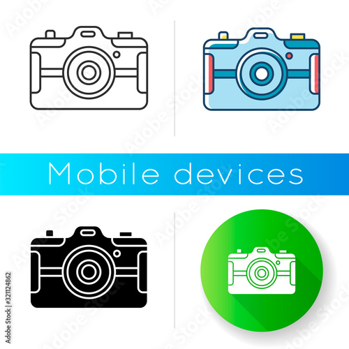 Digital still camera icon. Photography tool. Portable recording gadget. Photoshoot. Technology. Handheld electronic mobile device. Linear black and RGB color styles. Isolated vector illustrations