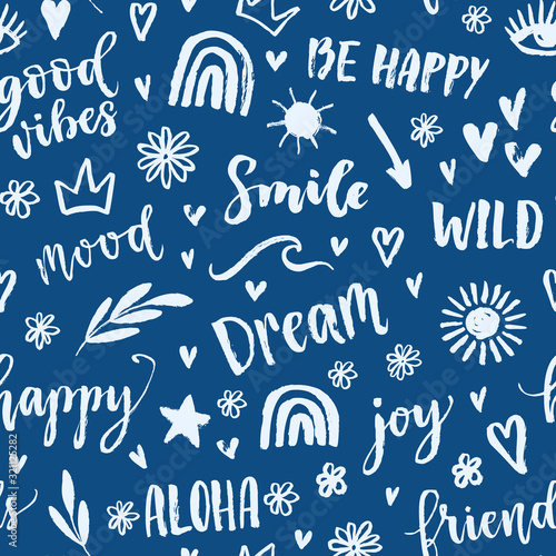 Vector seamless pattern with text, inscription, quote, sticker, lettering, happy, mood, friends, hearts, sun, rainbow,crown, star, arrow, wave words. Teens doodle background