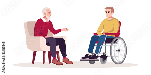 Private psychotherapy session semi flat RGB color vector illustration. Post-traumatic stress disorder. Rehabilitation, recovery period. Talk therapy. Isolated cartoon character on white background