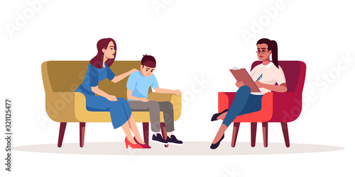 Family psychotherapy session semi flat RGB color vector illustration. Mother and son relationship. Family problems. Transitional age. Psychology consultation. Isolated cartoon character on white