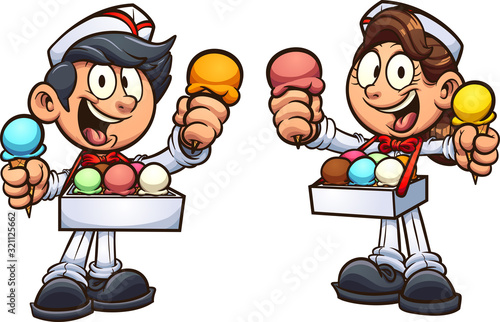 Boy and girl selling ice cream in retro usher uniform. Vector cartoon clip art illustration with simple gradients. Each on a separate layer.