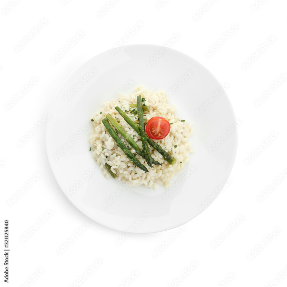 Delicious risotto with asparagus and tomato isolated on white, top view