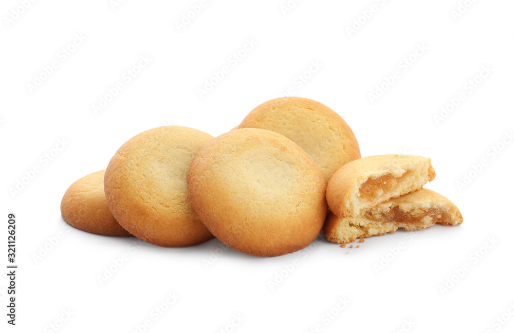 Tasty fresh shortbread cookies with filling isolated on white Tasty fresh shortbread cookies with filling isolated on white