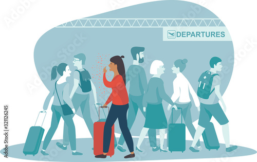 Woman coughing spreading virus bacterial infection in airport departure area COVID-19 pandemic concept