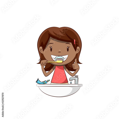 Little girl brushing her teeth, happy cute child