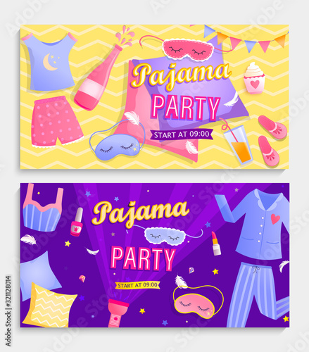Set of pajama party's invitation banners.Night time for kids and parents, nightwear,pillows,games,sweets, fun.Posters for happy event. Birthday celebration for children in pyjamas.Vector illustration.