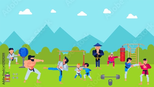 Different people in kimono practice oriental martial arts karate aikido with teacher master old man outdoors in the park vector illustration. A group of fighting men, women, young, old, children.