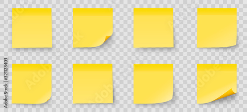 Realystic set stick note isolated on transparent background. Yellow color. Post it notes collection with shadow - stock vector. photo