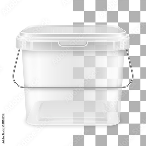 Vector transparent square empty plastic bucket with lowered metallic handle. Front view.