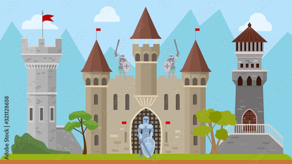 Knights and old medieval castle vector illustration. Ancient history architecture fortress with towers. Knights characters men warriors in armor, with weapons swords and shields.