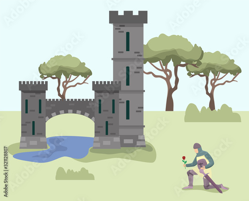 Knight stands on one knee in front of medieval royal princess castle palace. Knight enamored warrior in armor, with sword and rose flower in his hand asking for woman hand.