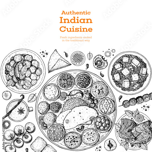 Indian food illustration. Hand drawn sketch. Indian cuisine. Doodle collection. Vector illustration. Menu background. Engraved style.