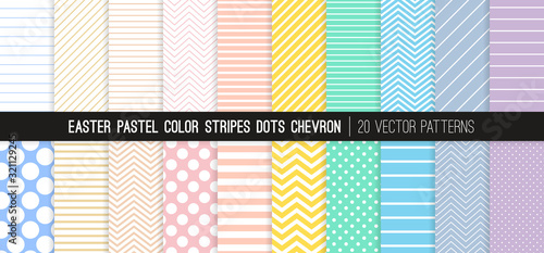 Easter Pastel Rainbow Color Stripes, Polka Dots and Chevron Vector Patterns. Light Shades of Rose Pink, Coral, Beige, Yellow, Turquoise, Blue, Lilac and Purple. 20 Pattern Tile Swatches Included.
