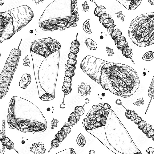 Shawarma hand drawn seamless pattern. Doner kebab cooking and ingredients for kebab sketch illustration. Arabic cuisine frame. Fast food menu design elements. Middle eastern food. Packaging background