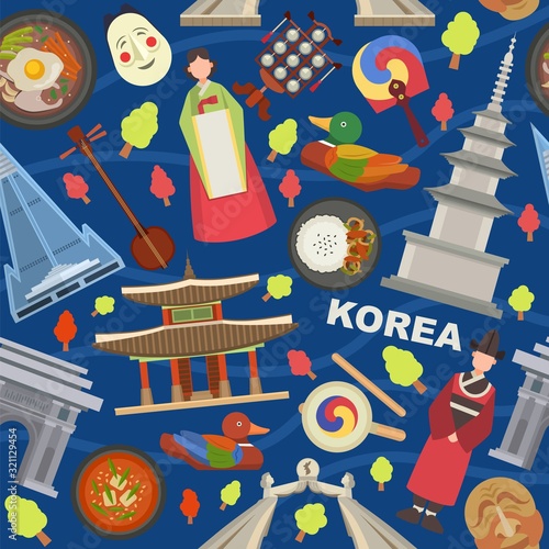 Korea landmarks and symbols vector illustration seamless pattern. Tourists trip invitation and advertising to country of Korea. Korean people in traditional clothes, architecture, food, mask, fan.