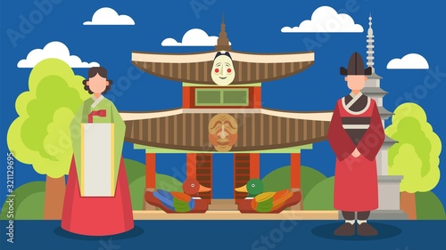 Tourism travel invitation to visit Korea vector illustration. Couple of people man woman in traditional Korean costumes. Landmarks attractions symbols, Korean architecture, palace ducks tower masks.