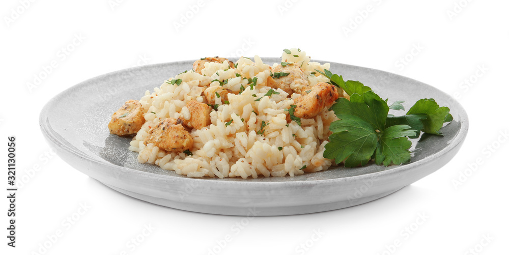 Delicious risotto with chicken isolated on white Delicious risotto with chicken isolated on white