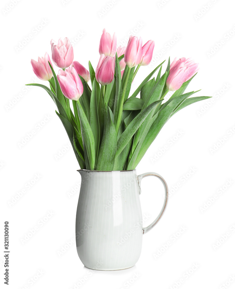 Beautiful pink spring tulips in vase isolated on white Beautiful pink spring tulips in vase isolated on white