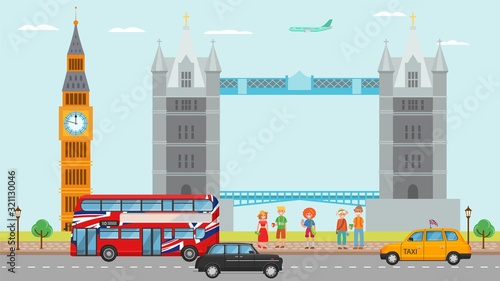 London Great Britain tourism travel concept vector illustration. Landmarks and symbols of London Tower bridge, Big Ben, double decker red bus, taxi, black cab. Group of people tourists men, women.