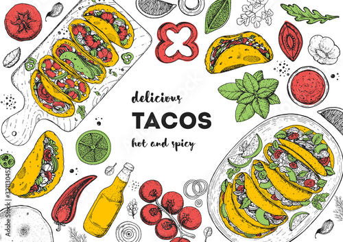 Fototapeta Naklejka Na Ścianę i Meble -  Tacos cooking and ingredients for tacos, sketch illustration. Mexican cuisine frame. Fast food menu design elements. Tacos hand drawn frame. Mexican food.