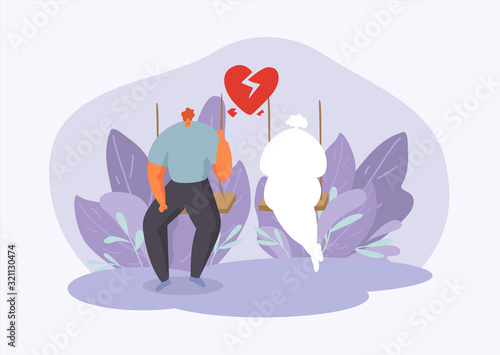 Man in melancholy with broken heart in two halves thinks and misses, yearning for his ex wife or girlfriend vector illustration. Lonely, sad, unhappy man sitting on swing. Valentine day