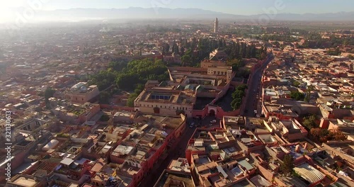 Aerial drone footage of residential district on sunny day, Marrakesh, Morocco