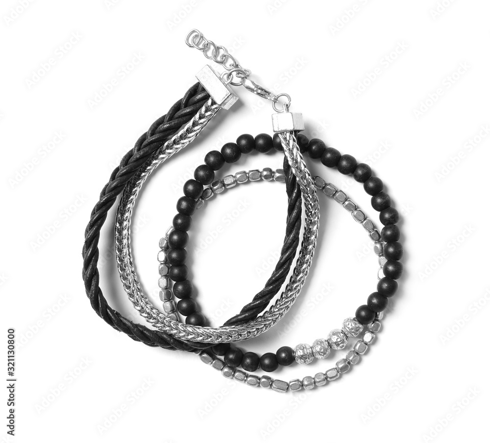 Stylish bracelets isolated on white, top view Stylish bracelets isolated on white, top view