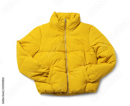 Yellow warm women's jacket isolated on white, top view