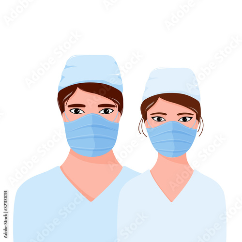Two Asian doctors, man and woman, male and female in uniform and medical mask, shoulder portrait, flat vector illustration isolated on white background. Shoulder portrait of two doctors, man and woman